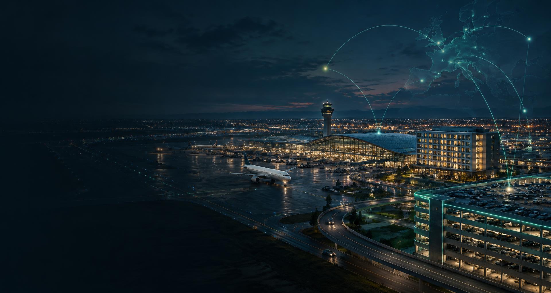 Luchthaven bij schemer met terminal, vliegtuig, airport hotel en een parkeergarage met groene verlichting